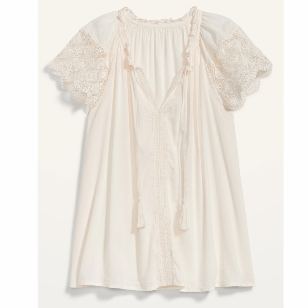 Old Navy Relaxed Tie-neck Crochet Lace Sleeve Blouse